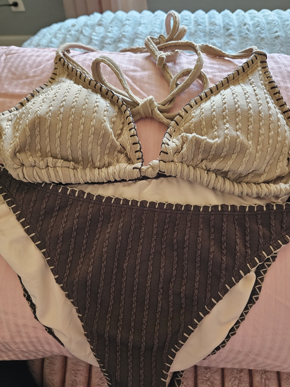 Cream & Brown Crochet-Edge Bikini Set – Women’s Two-Piece Swimwear